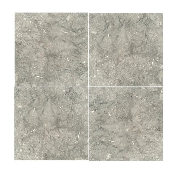 Seagrass 18x18 limestone tiles with gray veined texture and white streaks