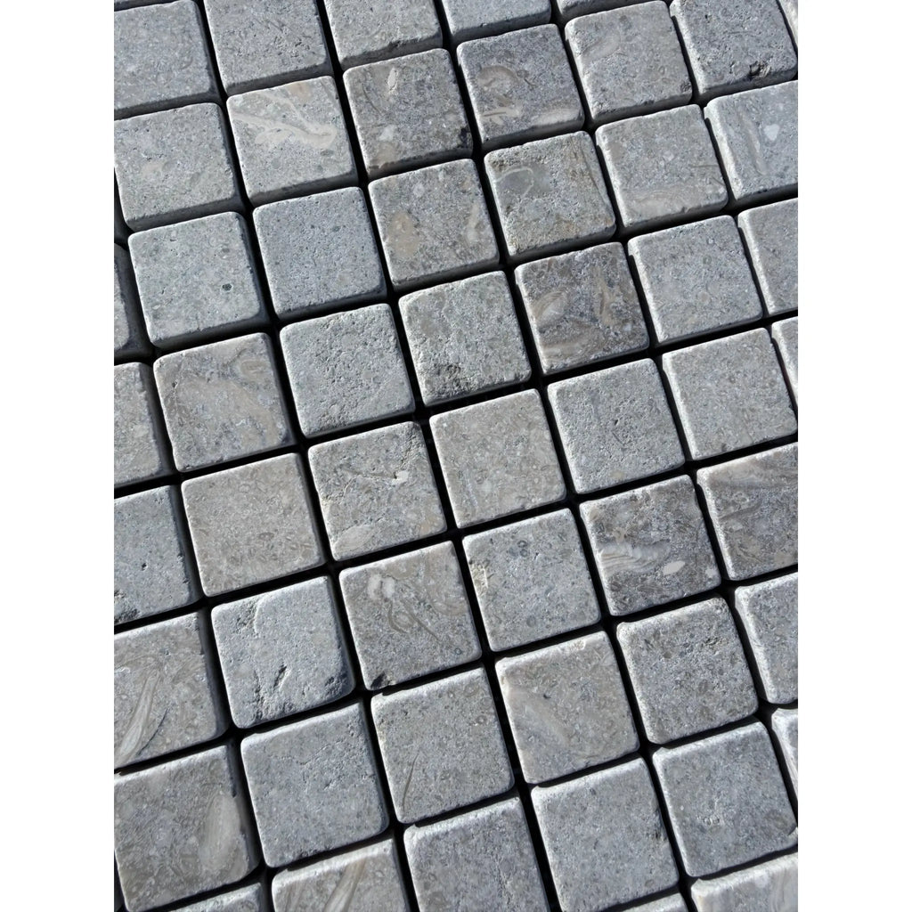 Gray Seagrass Limestone 1x1 mosaic tiles with tumbled matte finish