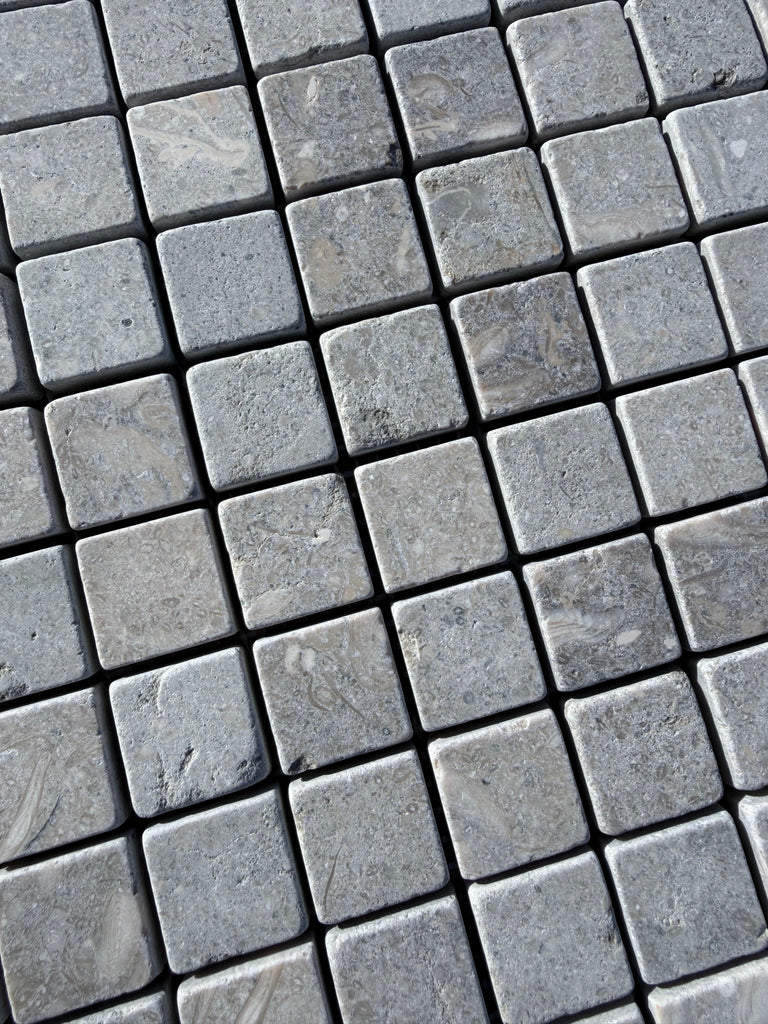 Gray Seagrass Limestone 1x1 mosaic tiles with tumbled matte finish