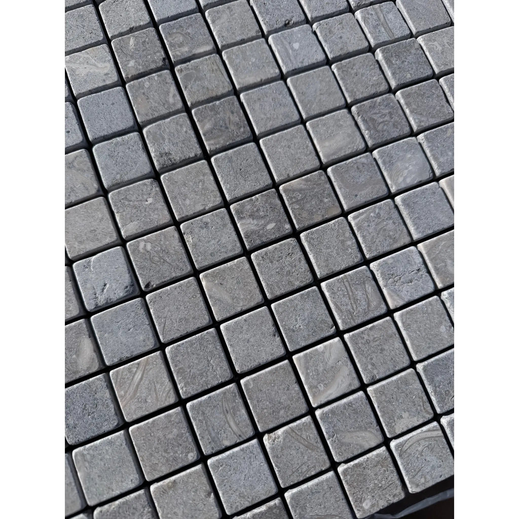 Seagrass Limestone 1x1 tumbled mosaic with gray stone veining