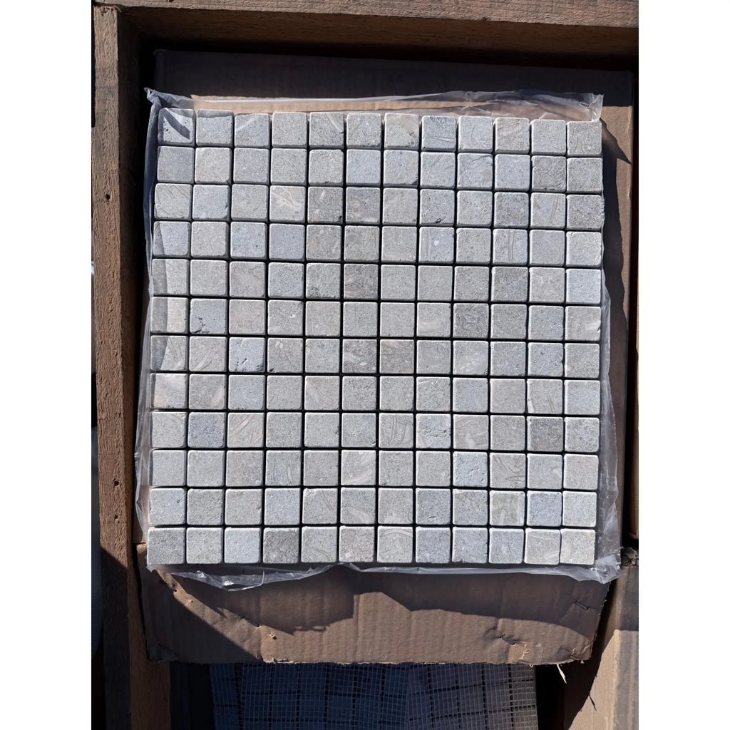 Gray Seagrass Limestone 1x1 Tumbled Mosaic Tile Sheet