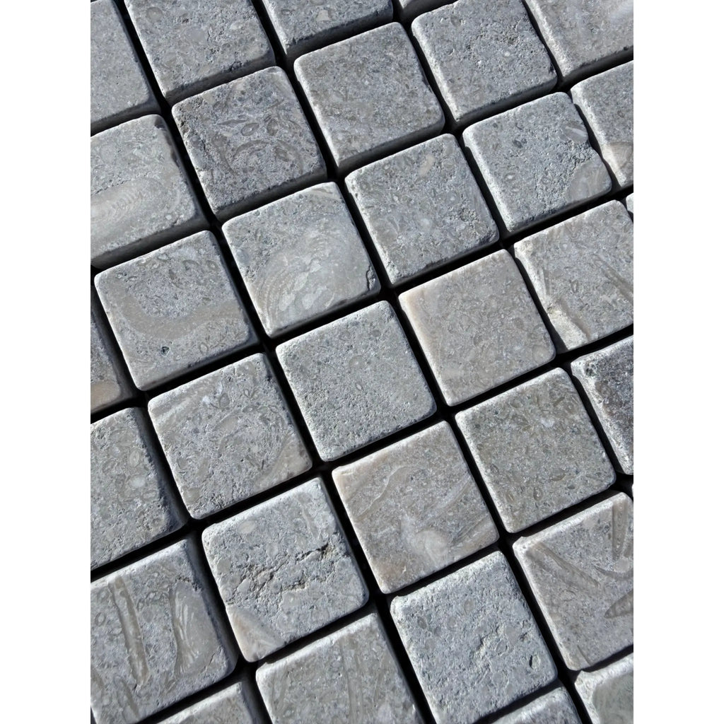 Gray Seagrass Limestone 1x1 mosaic tiles with tumbled natural texture
