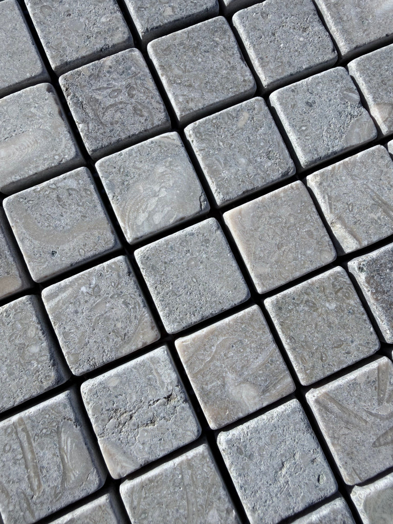 Gray Seagrass Limestone 1x1 mosaic tiles with tumbled natural texture