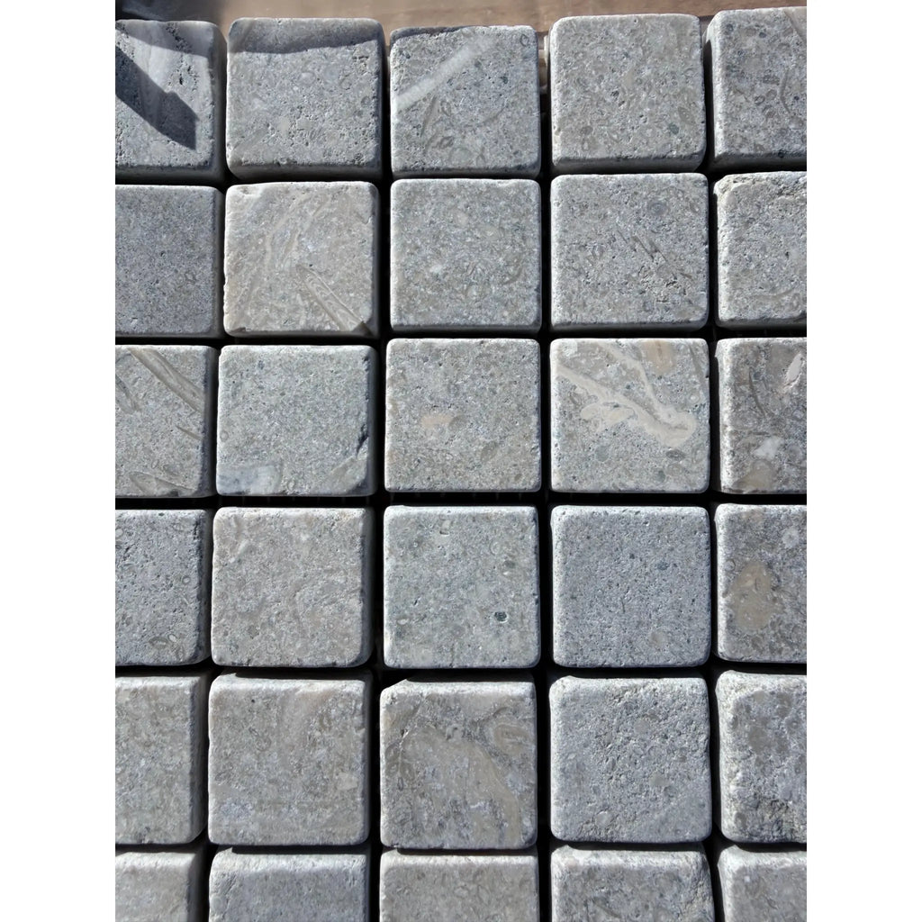 Seagrass Limestone 1x1 Mosaic Tumbled: gray stone pavers with textured veining