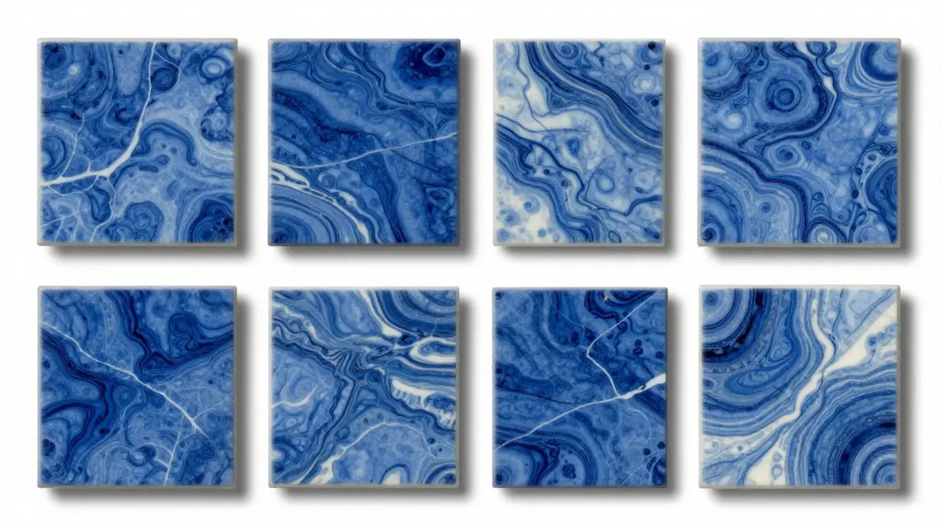 Blue marble tiles with swirling patterns and veining.