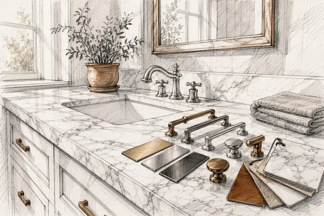 Bathroom vanity with marble surface and hardware samples