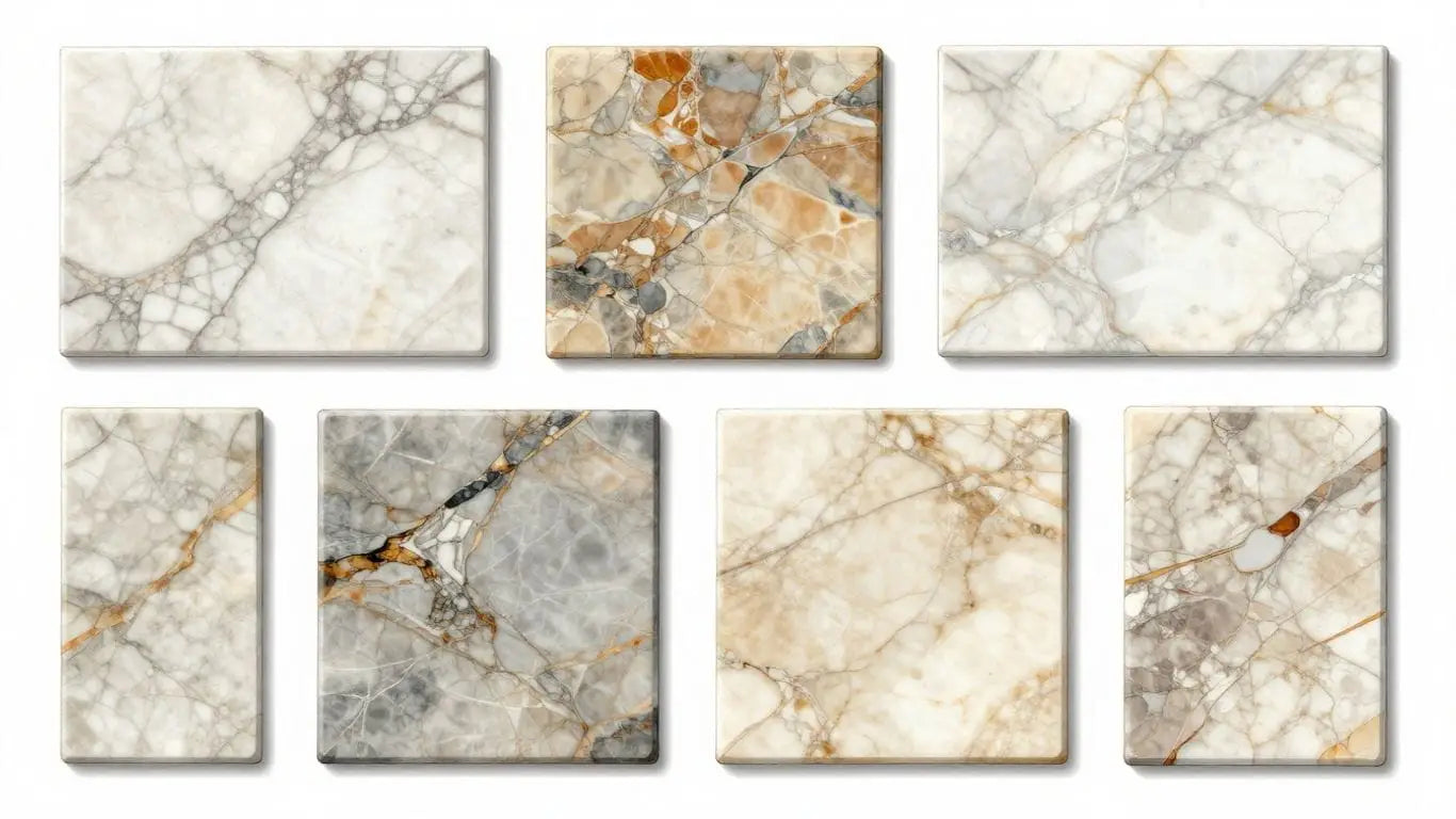 Marble tile samples with veining patterns.