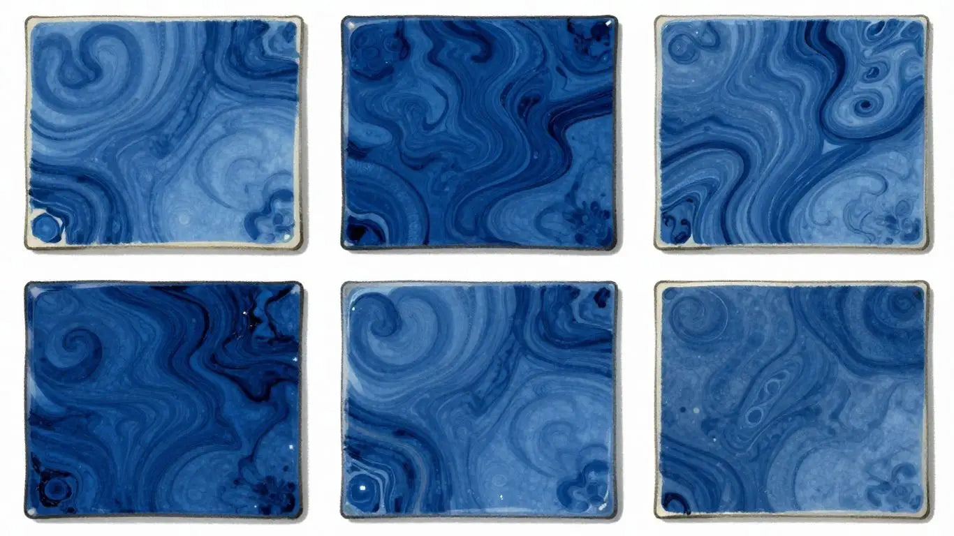 Blue marble tiles with swirling patterns.