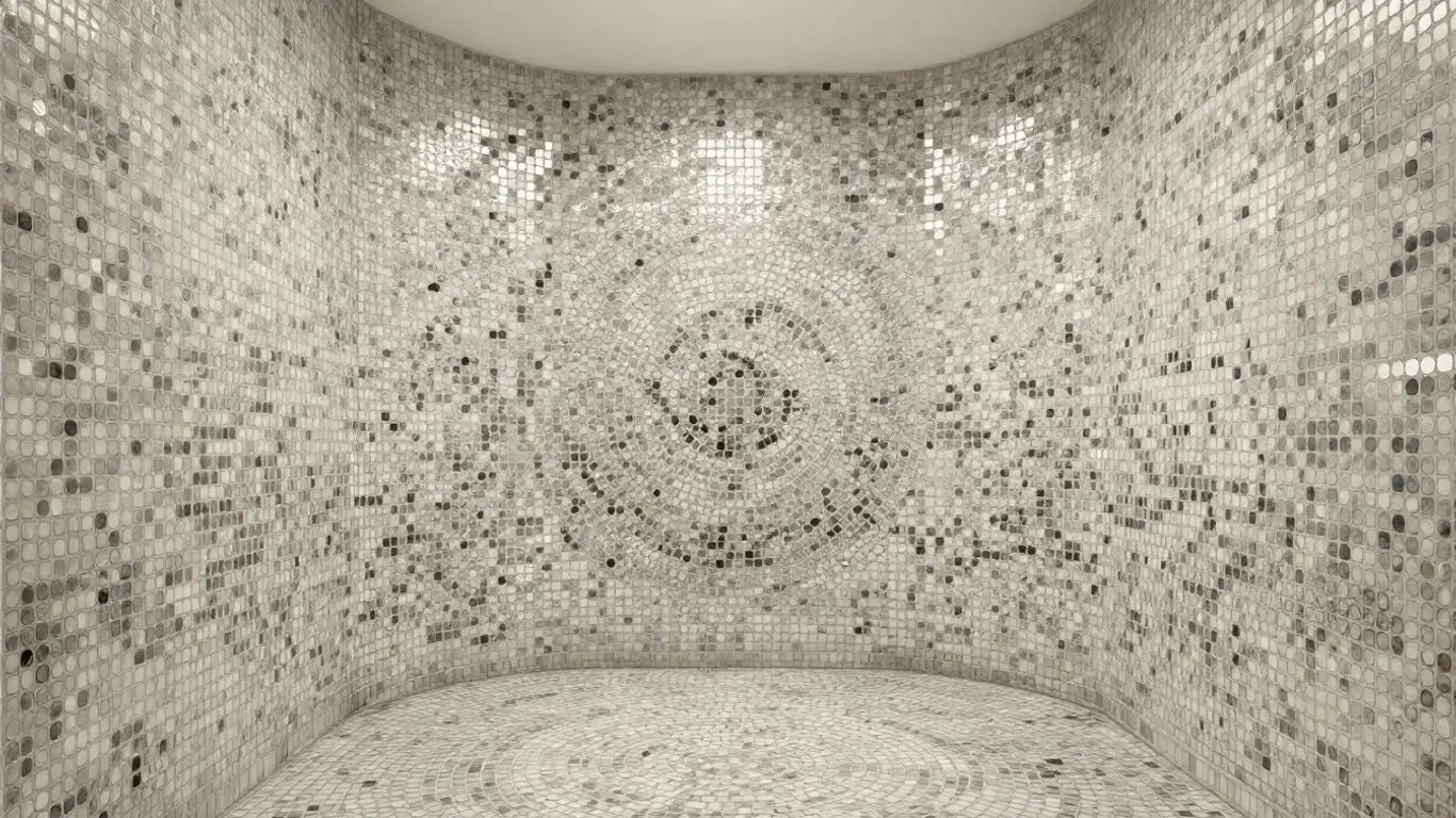 Penny round marble mosaic bathroom design sketch.