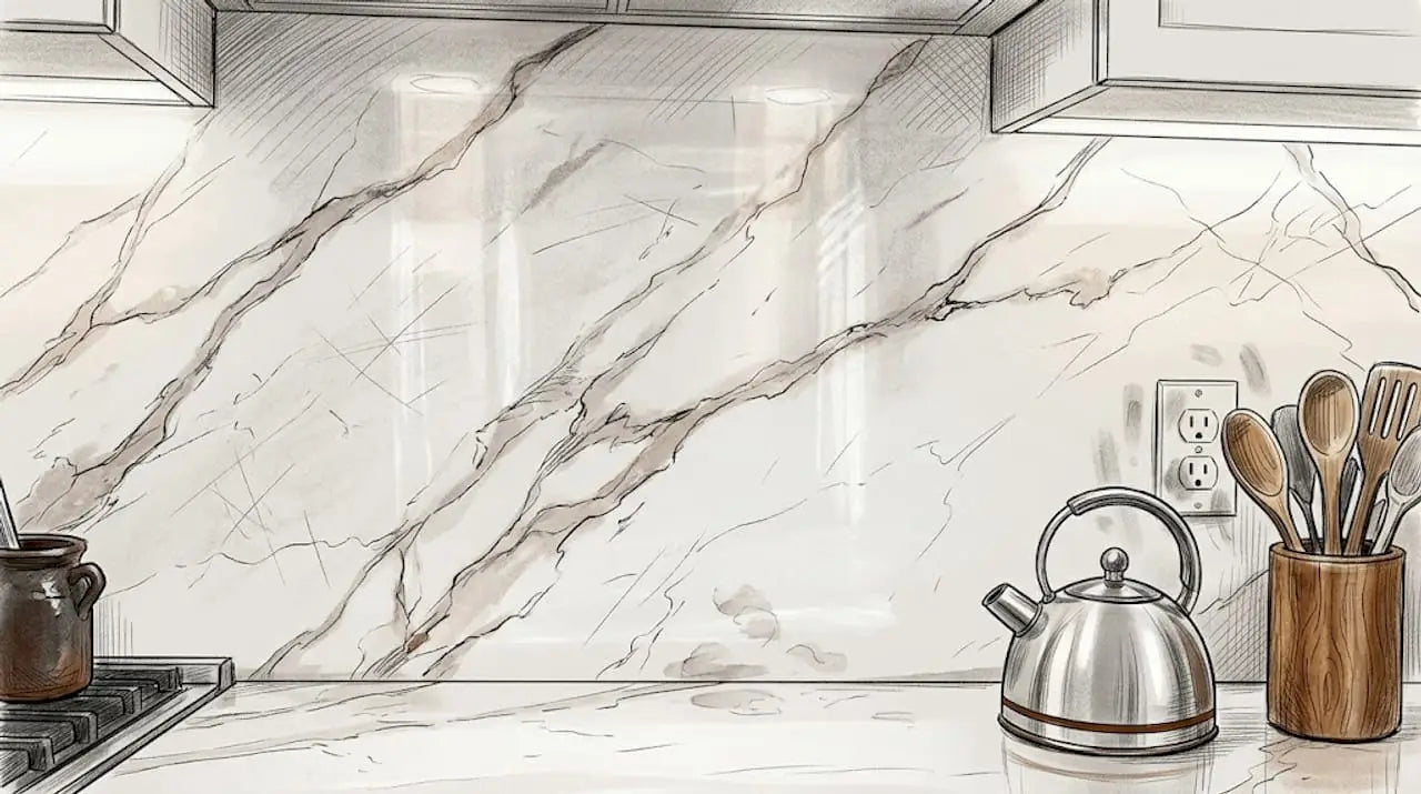 Detailed Calacatta marble backsplash texture