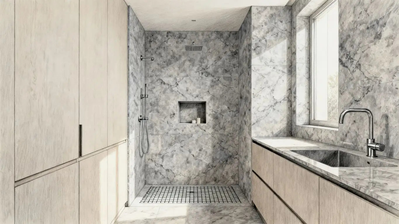 Gray tumbled marble bathroom and kitchen surfaces