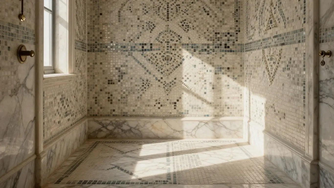 Spanish mix marble mosaic bathroom design sketch.