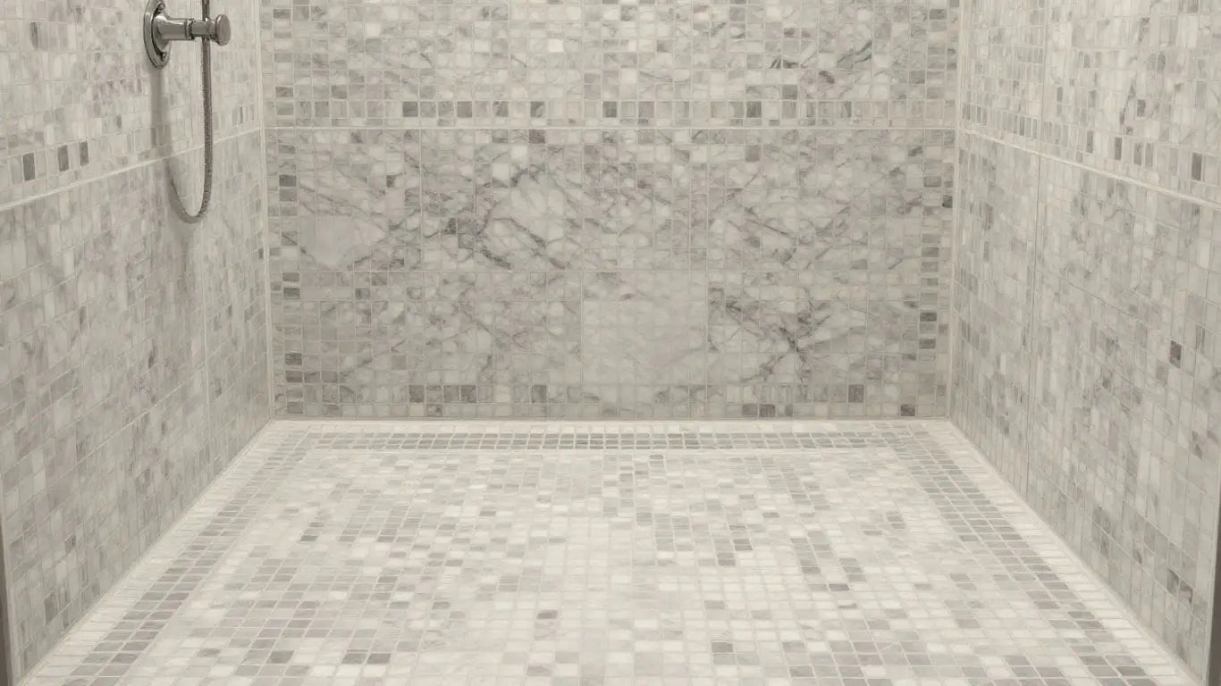Carrara marble mosaic shower floor and walls sketch.