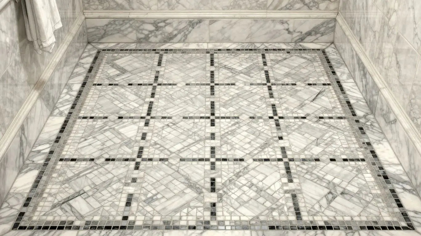 Basketweave marble mosaic floor in a luxury bathroom.