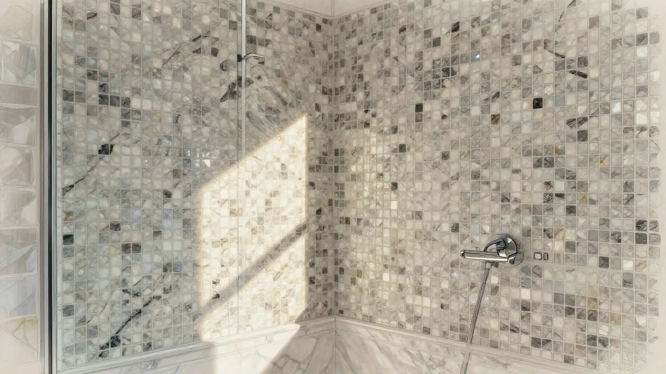 Marble mosaic tiles in a modern bathroom shower.