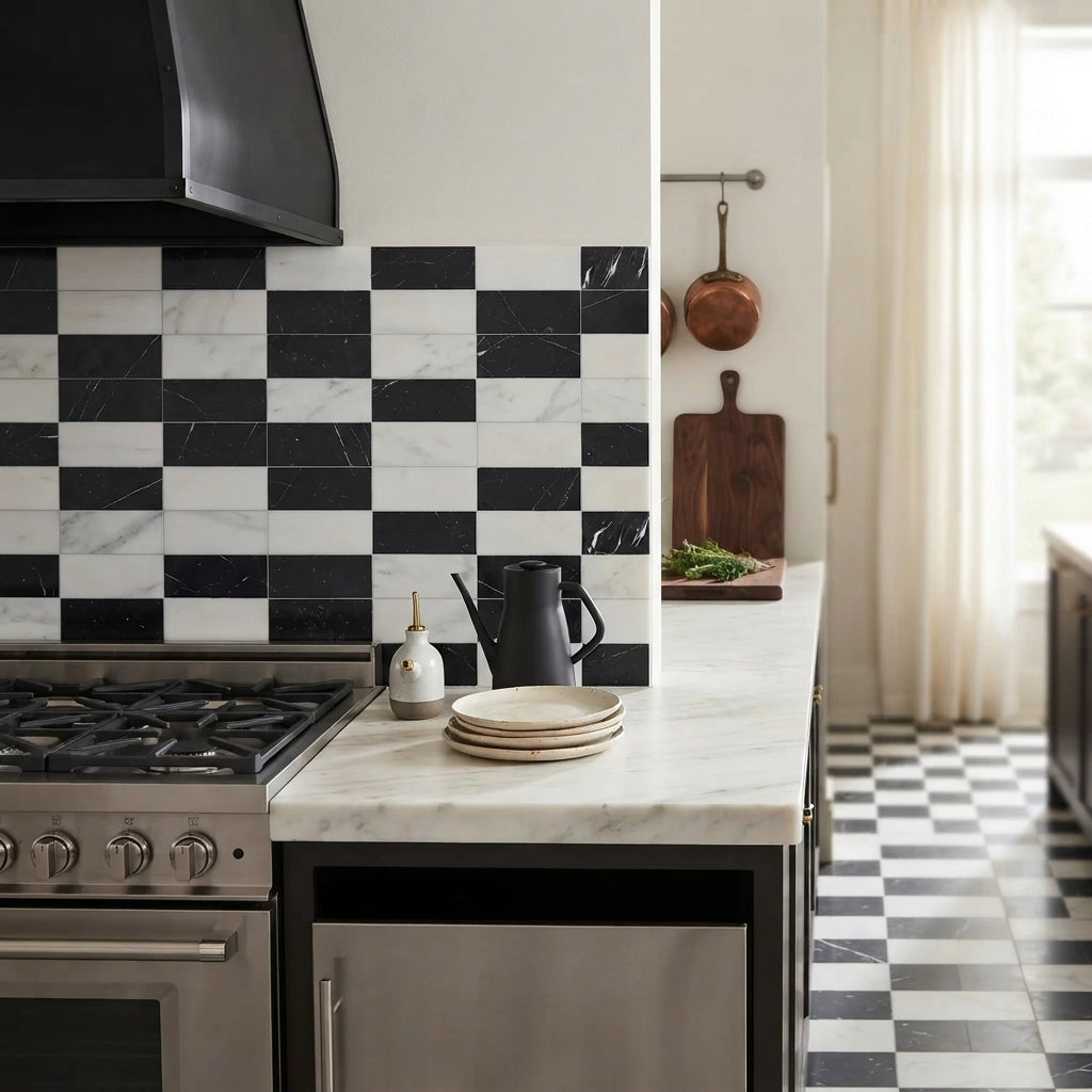 Black and white marble checkered backsplash tiles in siena set featuring bianco dolomite 4x12 and nero marquina 6x12