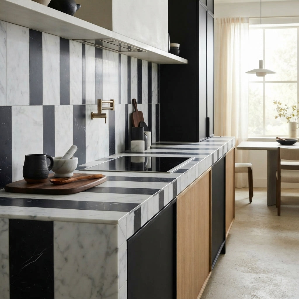 Black and white marble countertops with striped sienna in carrara white 6x12 and nero marquina 4x12 set and black cabinetry