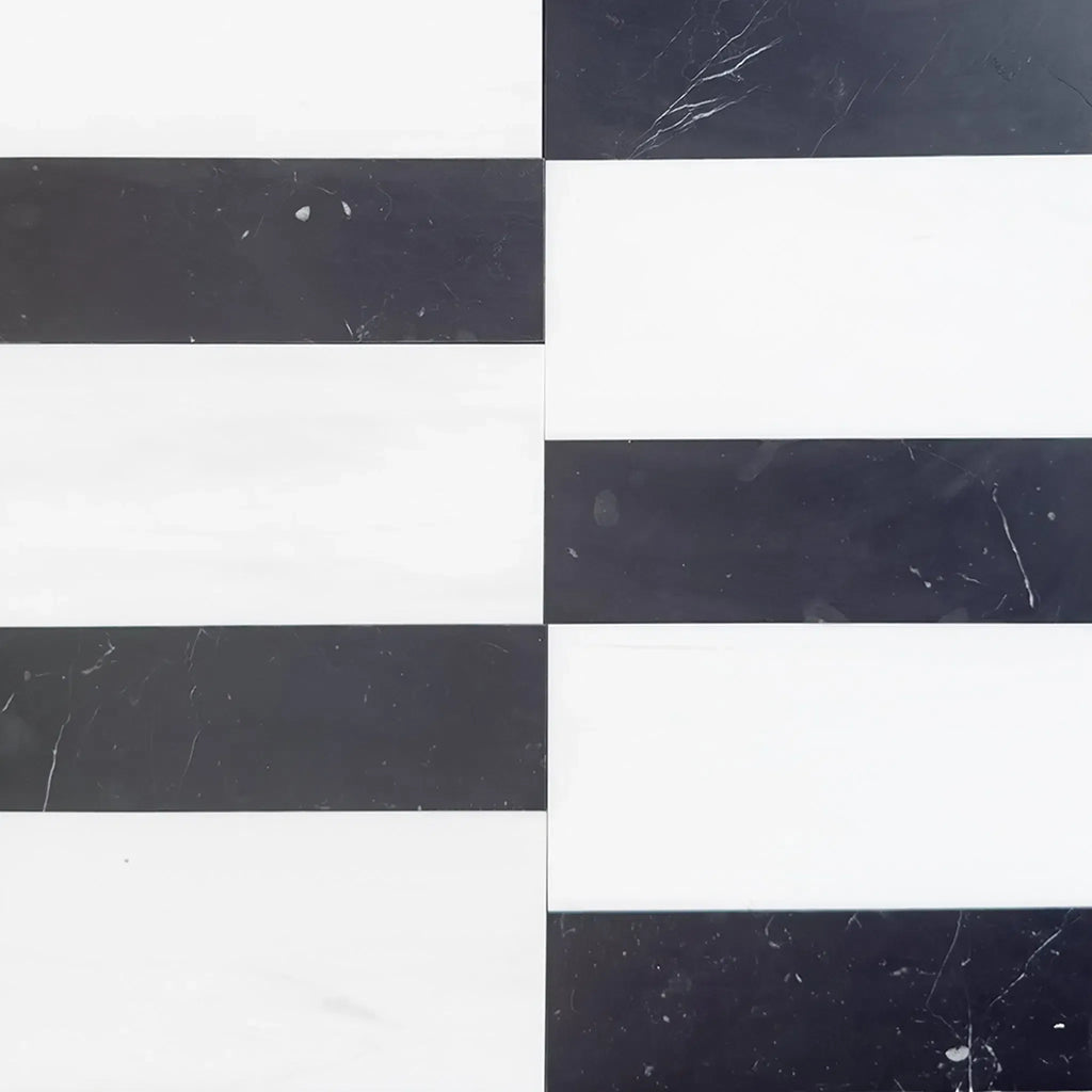 Black and white striped pattern on Siena in Bianco Dolomite and Nero Marquina set