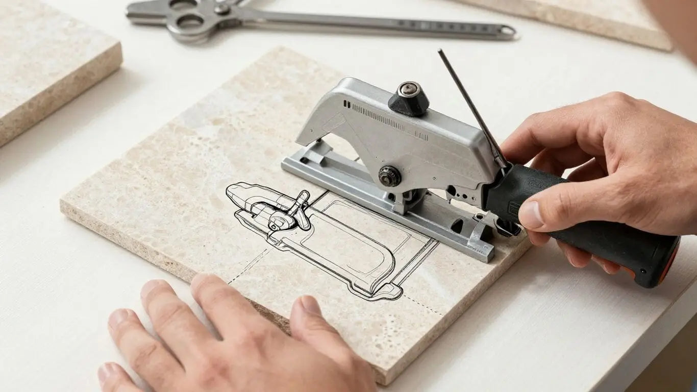 Hands measuring and cutting natural stone tile.