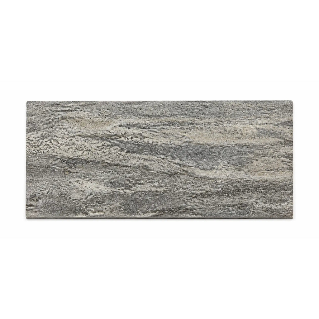 Silver gray travertine 12x24 vein-cut tile with gray stone, natural veining, and a matte filled honed-polished finish