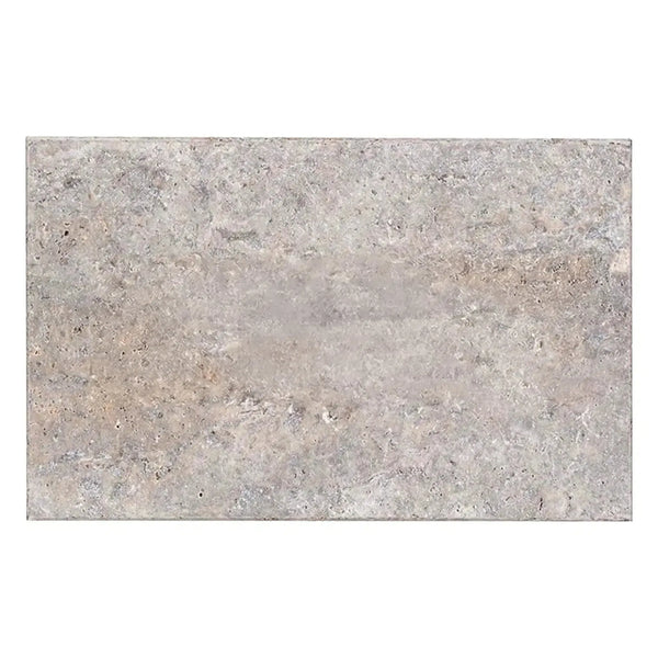 Textured gray stone tile from Silver Travertine 16X24 with brushed and chiseled edge