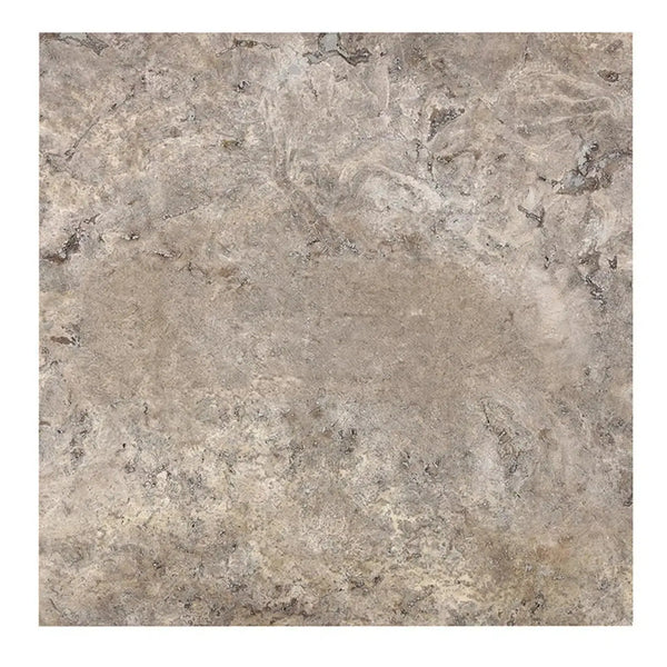 Square tile with mottled texture in Silver Gray Travertine 18X18 Filled and Honed