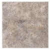 Square mottled gray tile from Silver Travertine 18X18 with brushed and chiseled edge