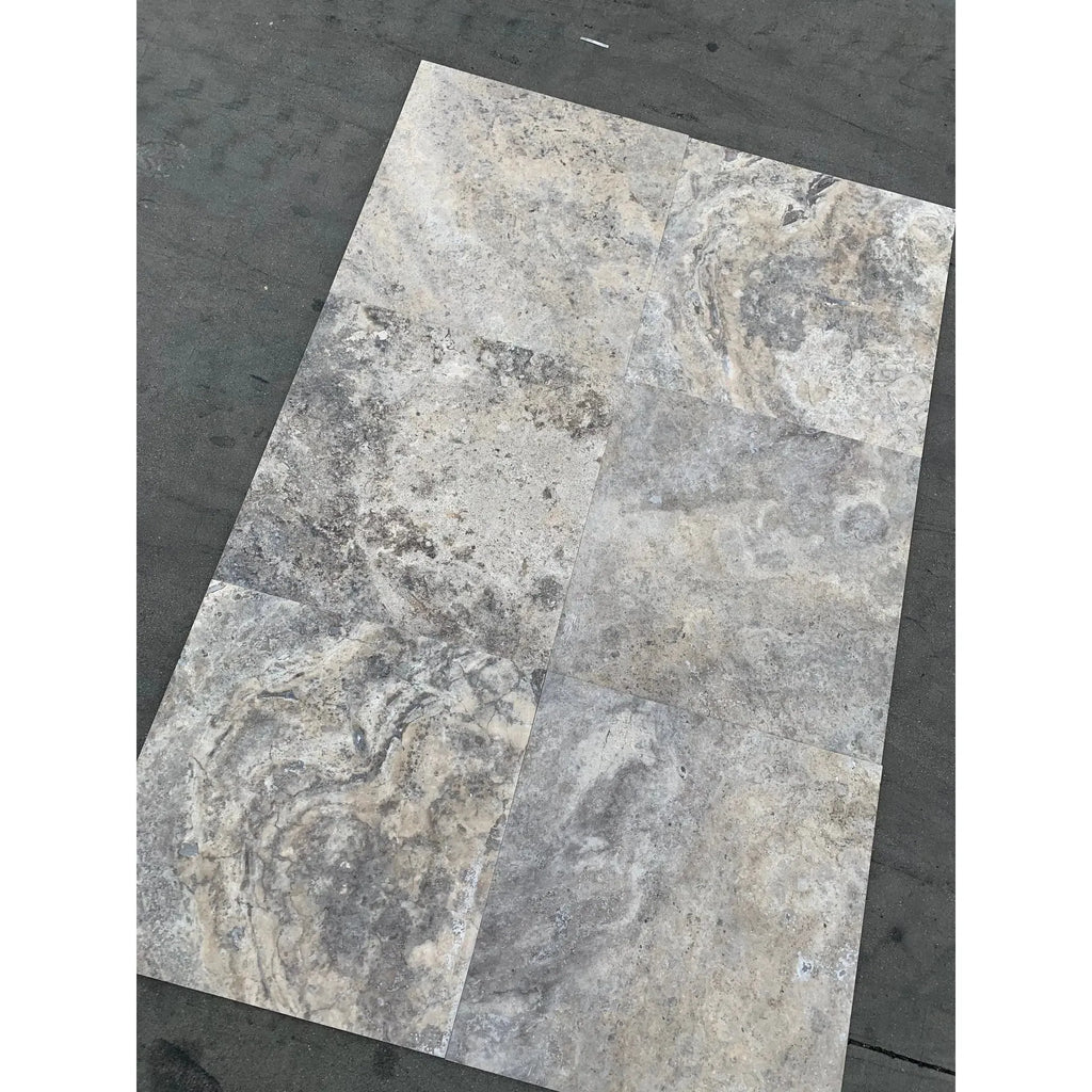 Rectangular gray travertine tile in Silver Gray Travertine 1X1 Mosaic Tumbled