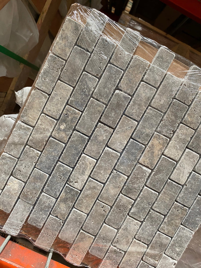 Silver Gray Travertine 1x2 Brick Mosaic Tumbled Tiles
