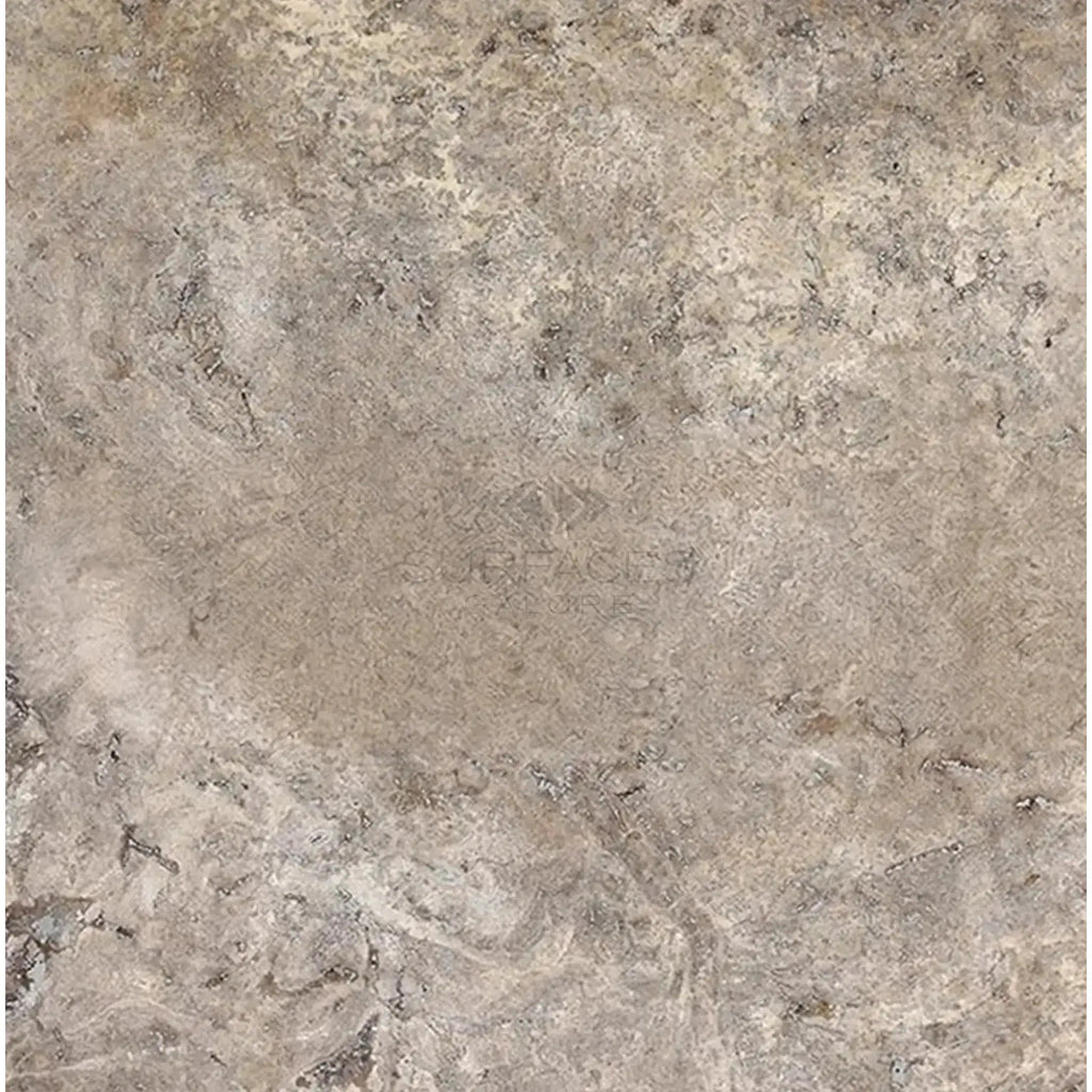 Textured beige stone surface of Silver Gray Travertine 24X24 Tile Filled and Honed