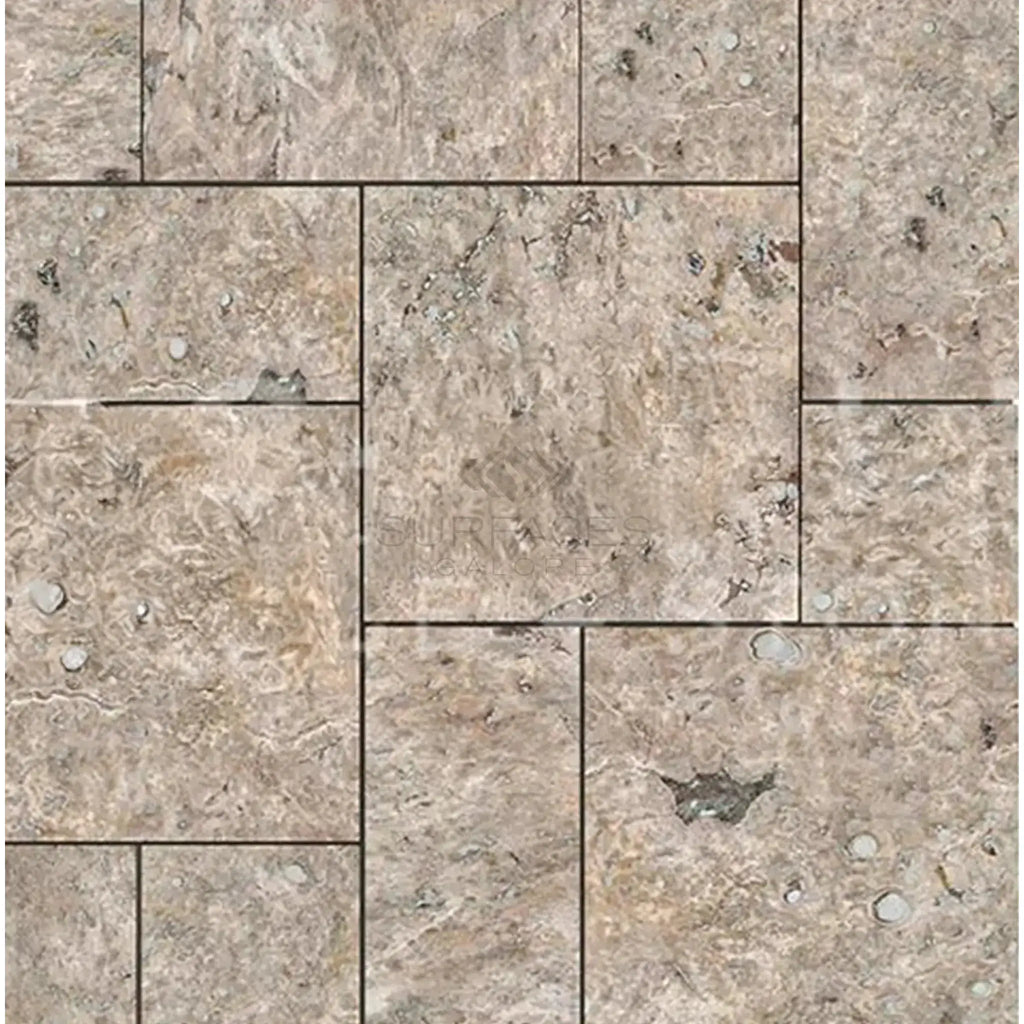 Beige travertine tile pattern featured in Silver Gray Travertine Versailles Set