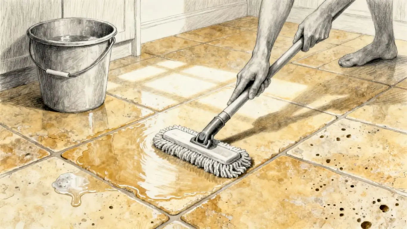 Hands cleaning travertine tile in small sections