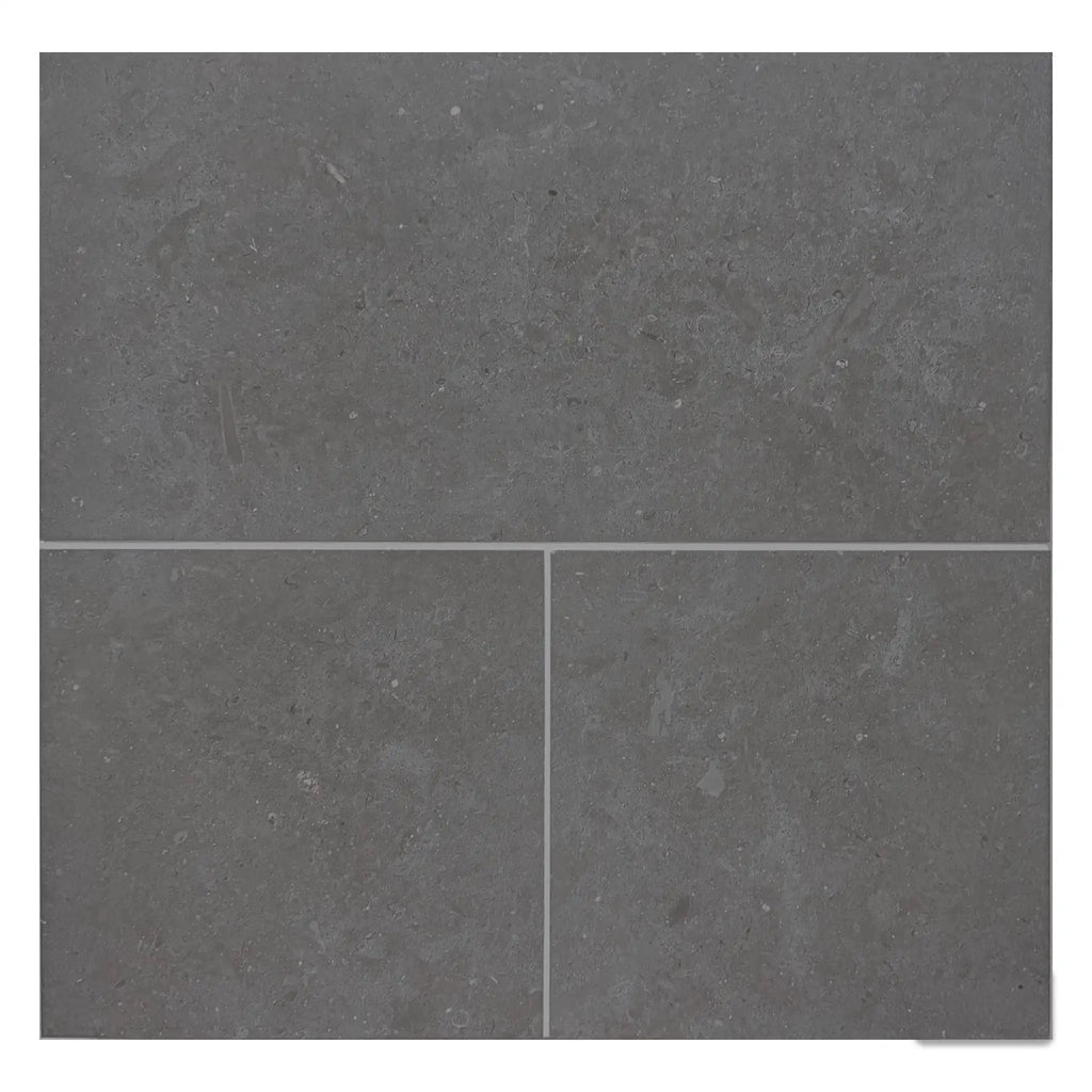 Silvermoor 24x24 honed limestone tiles in dark gray with subtle texture and veining