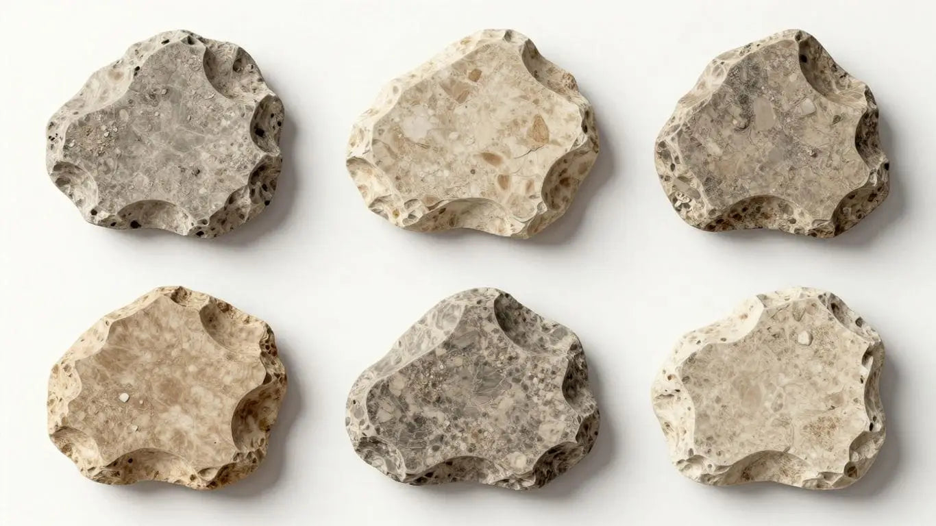 Tumbled limestone tiles with natural earthy tones and texture.