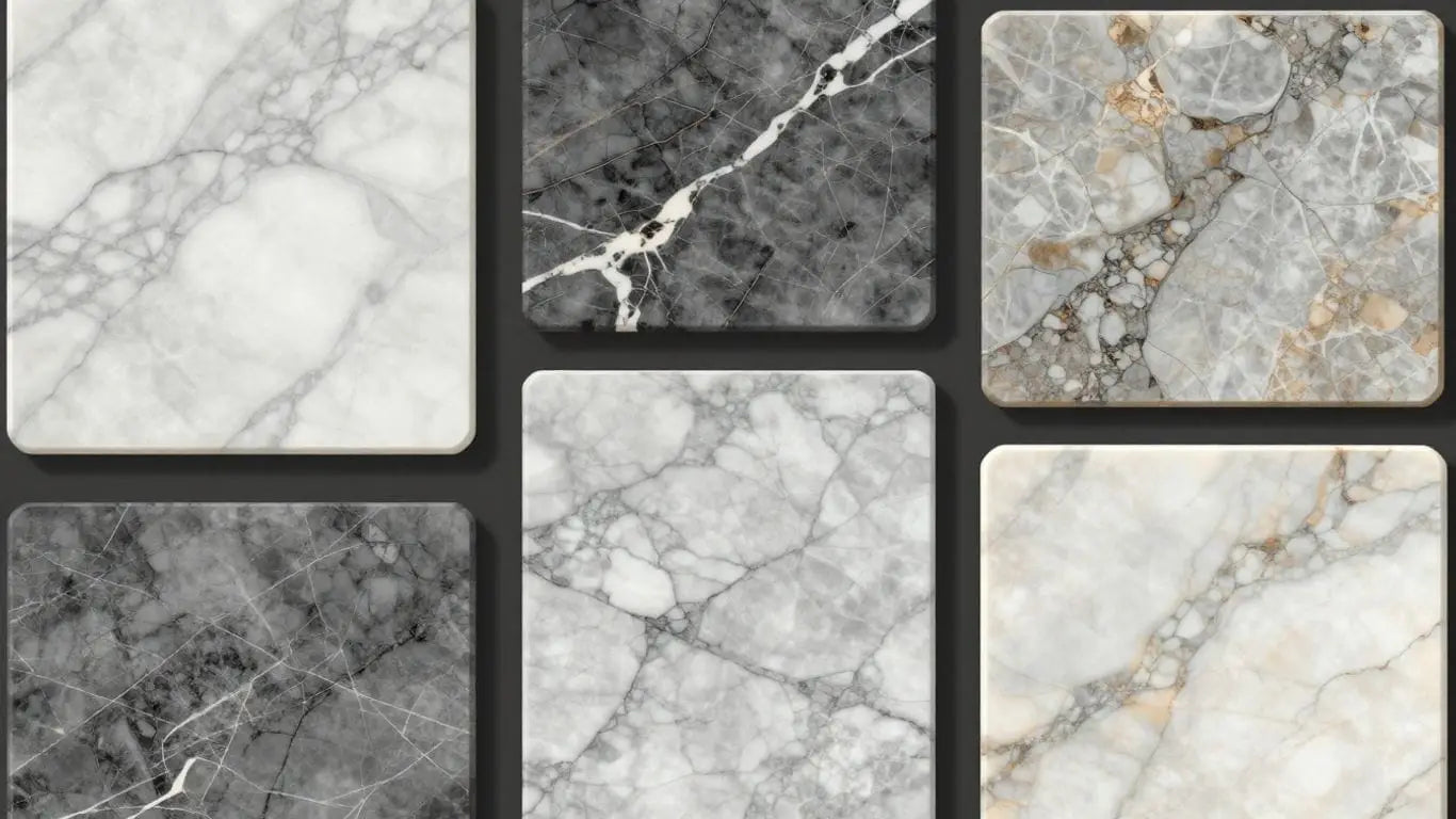 Marble slabs with natural veining and textures.