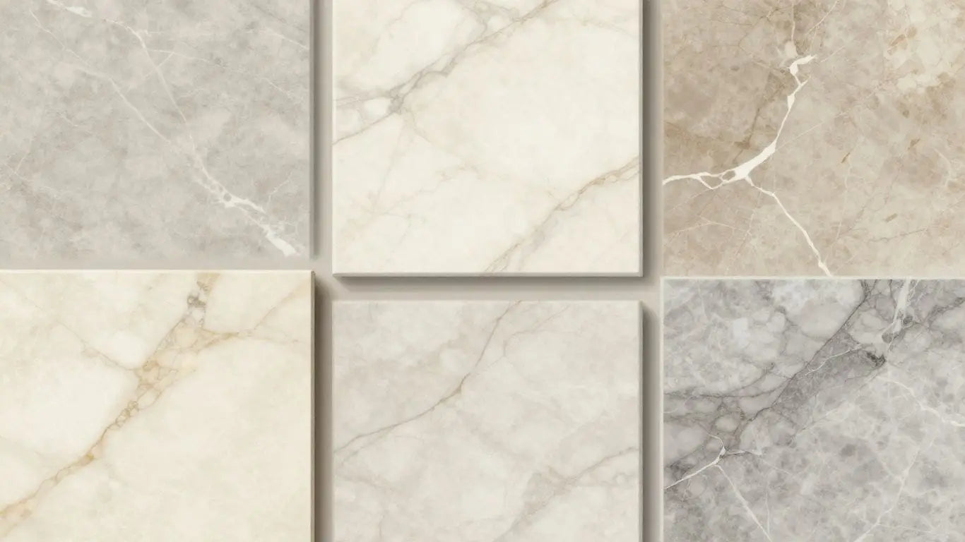 Premium marble tile samples with varied veining.