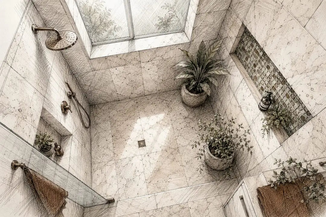 Natural stone shower interior showcasing sustainable design