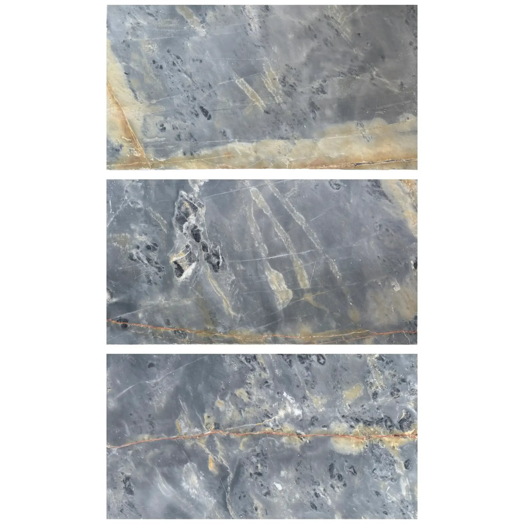 Three marble slabs of Sky Blue Azul Cielo 12X24 Marble Tile displayed elegantly