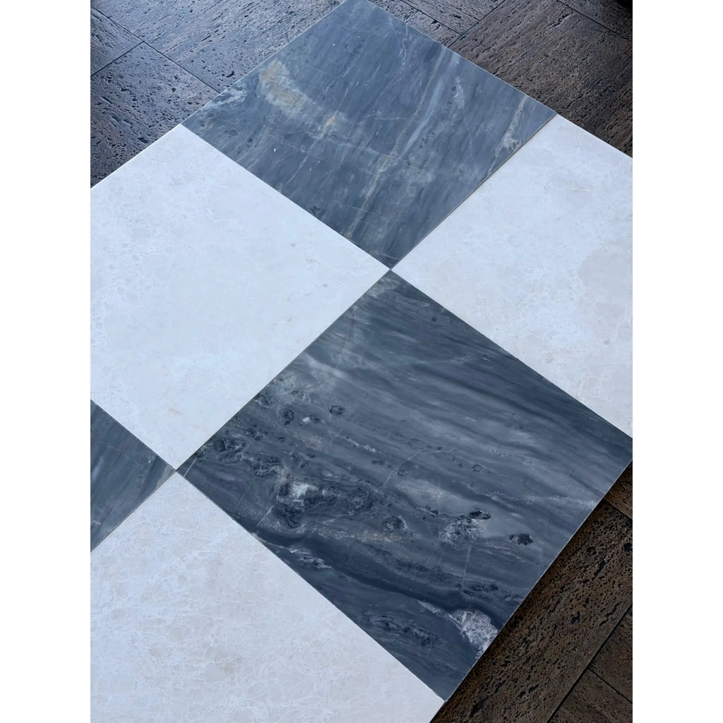 Checkerboard pattern of white and gray veined Sky Blue Azul Cielo 18x18 Marble Tiles