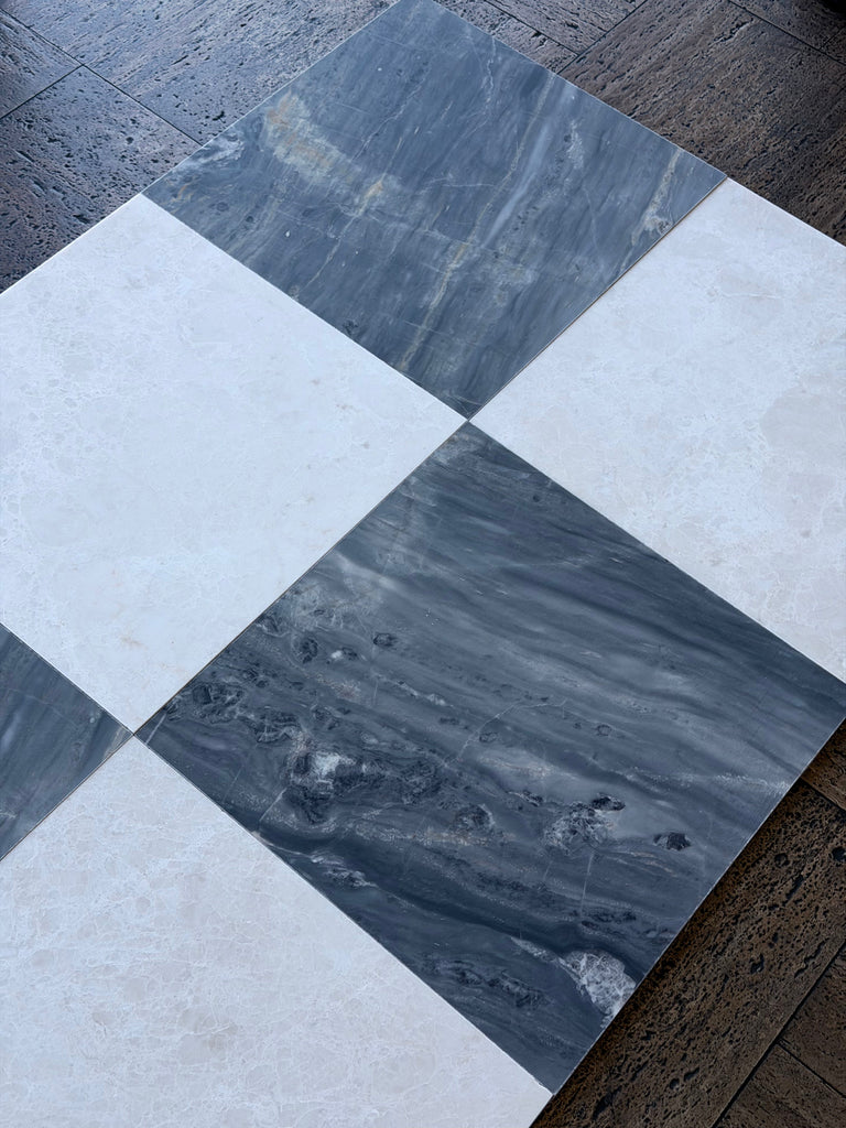 Checkerboard pattern of white and gray veined Sky Blue Azul Cielo 18x18 Marble Tiles