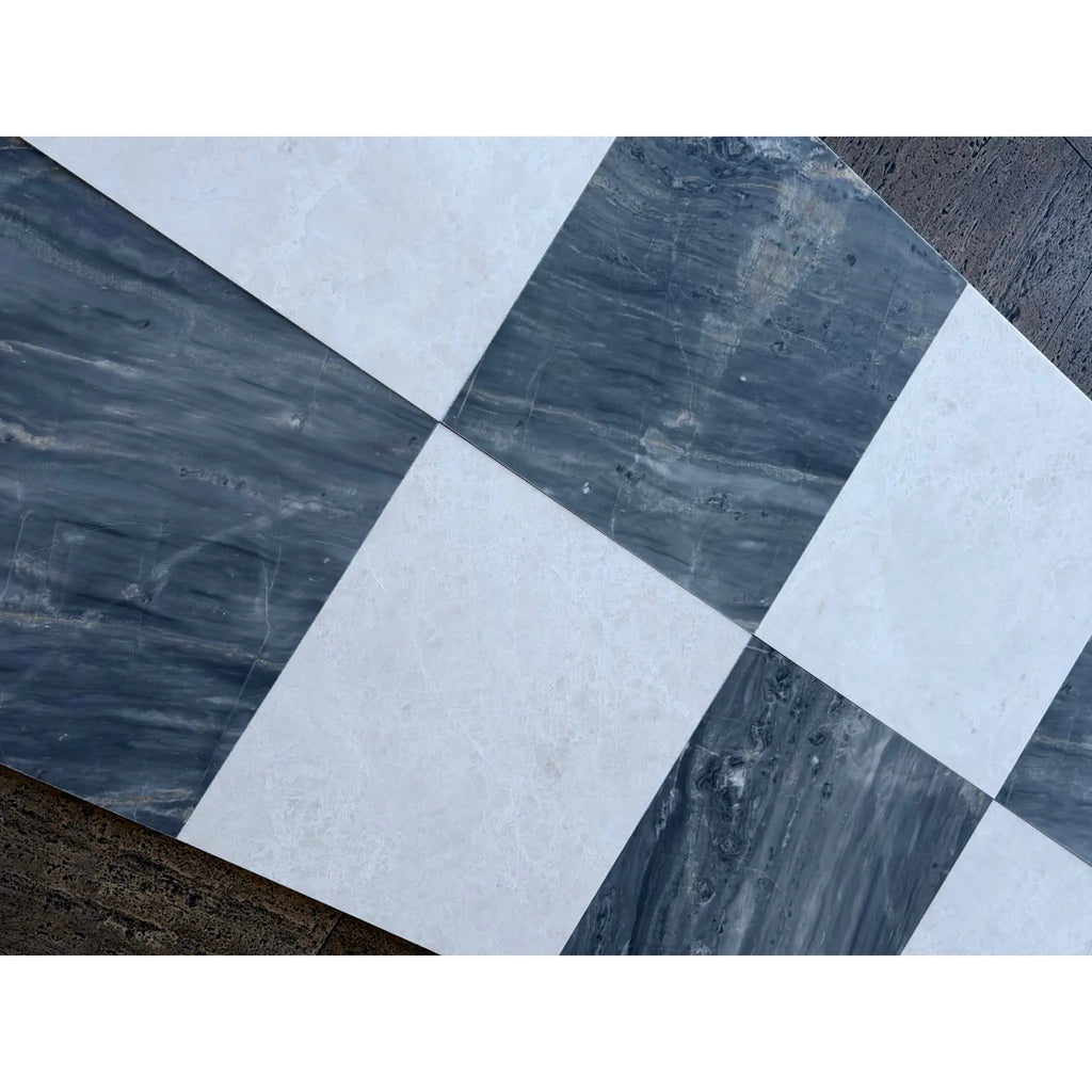 Checkered white and gray marble floor tiles from Sky Blue Azul Cielo 18X18 collection