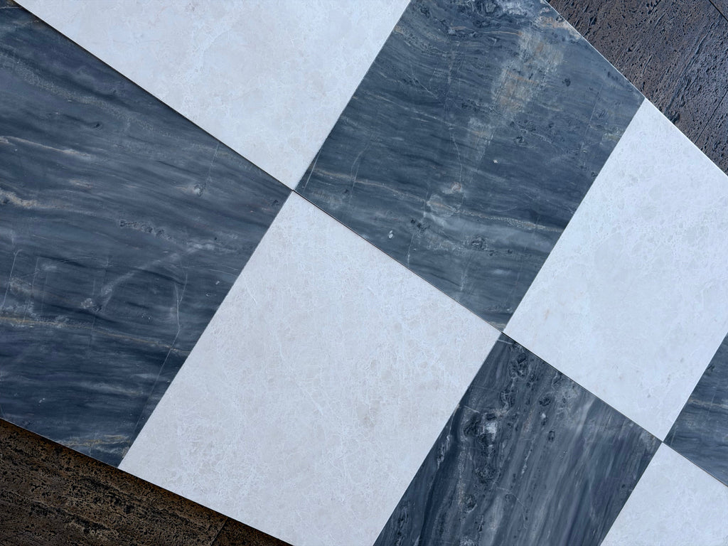 Checkered white and gray marble floor tiles from Sky Blue Azul Cielo 18X18 collection