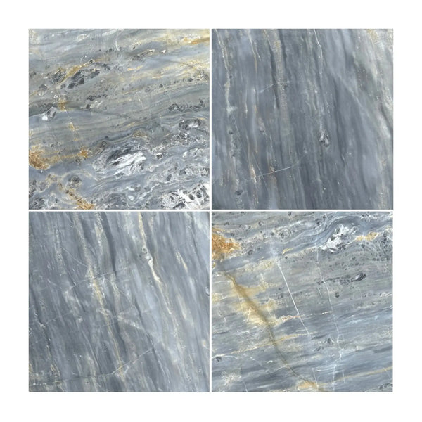 Four gray marble tiles of Sky Blue Azul Cielo 18X18 Marble Tile collection