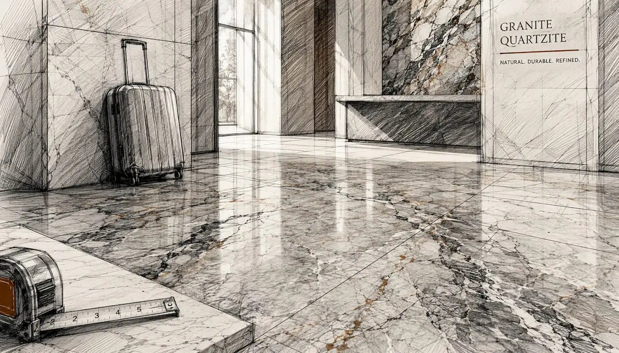 Polished granite and quartzite showroom floor in lobby