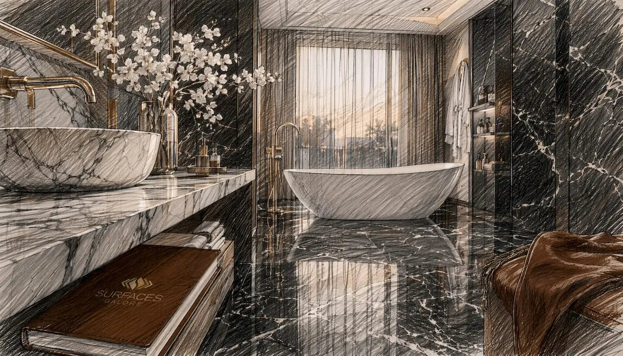 Luxurious marble bathroom with natural light