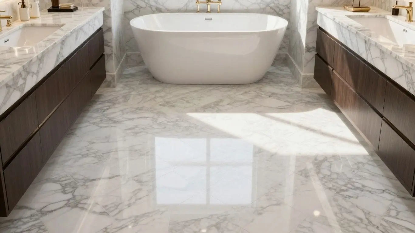 Hexagon marble tile floor in a luxury bathroom.