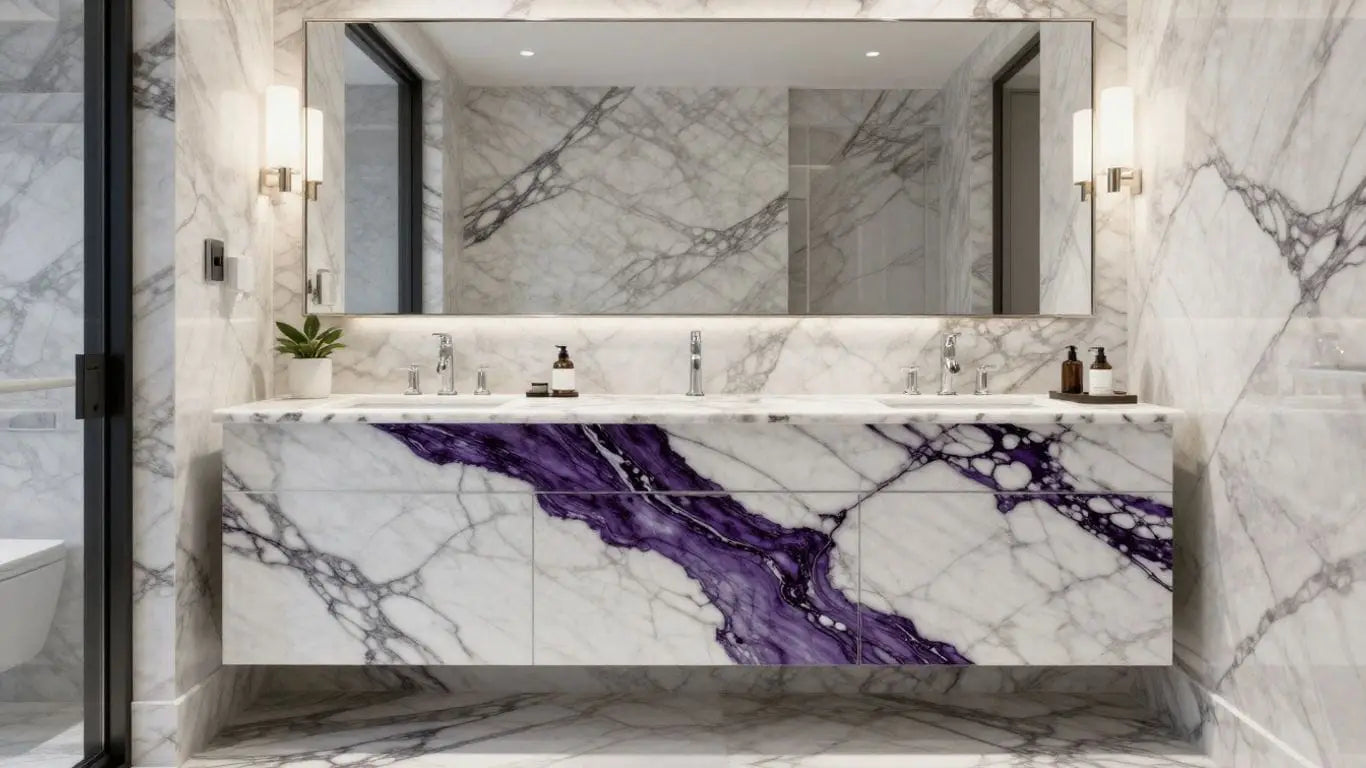 Calacatta Viola marble vanity in a modern bathroom sketch.
