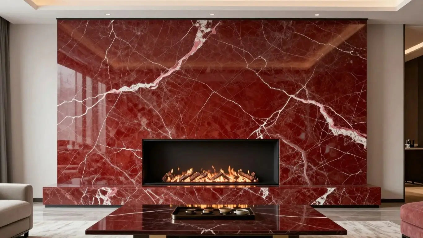 Rojo Alicante marble fireplace and coffee table in modern interior.