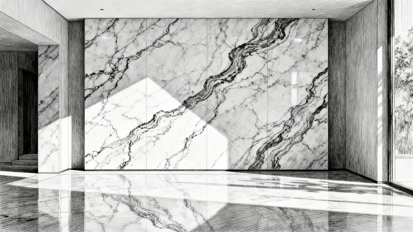 Authentic marble flooring installation with distinct veining