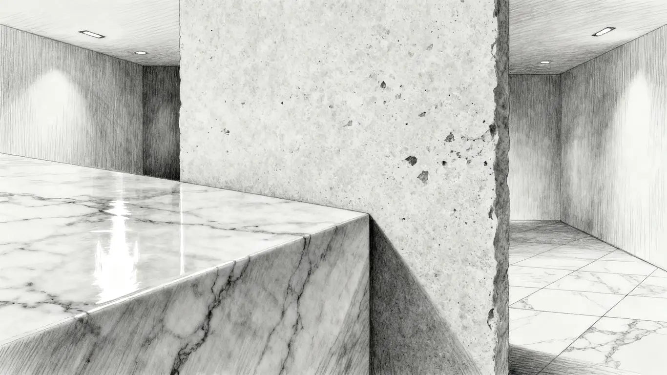 Polished surfaces and honed tile finishes displayed in a bright showroom